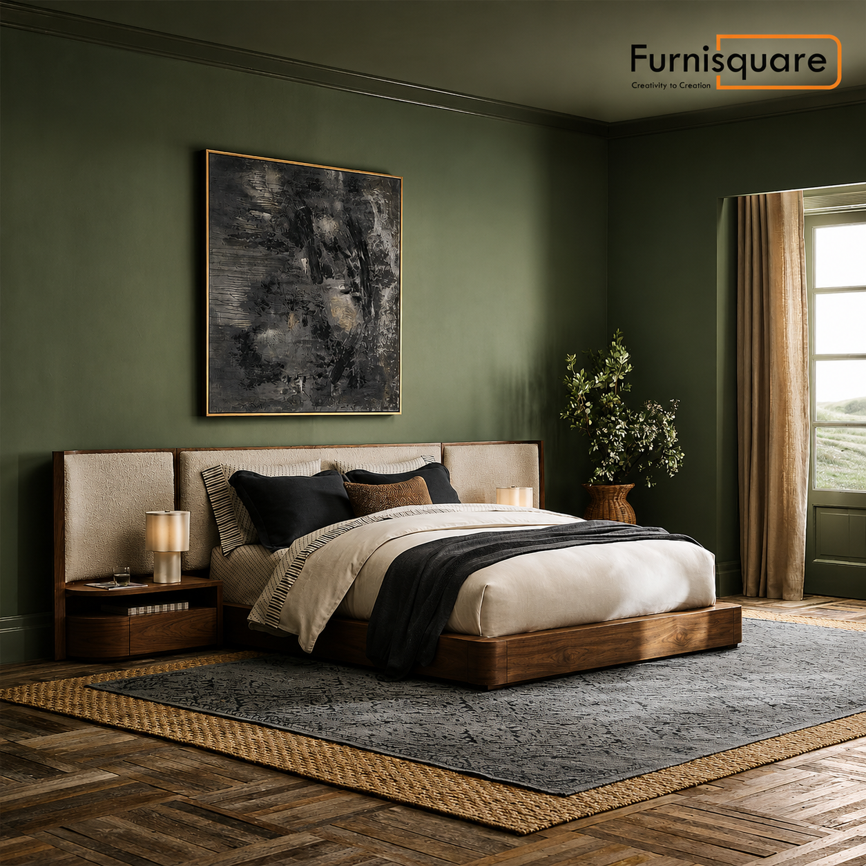 Wooden Upholstered King Size Bed with Nightstands