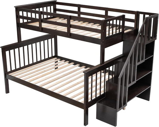 Solid Wood Bunk Bed with Stairs and Storage