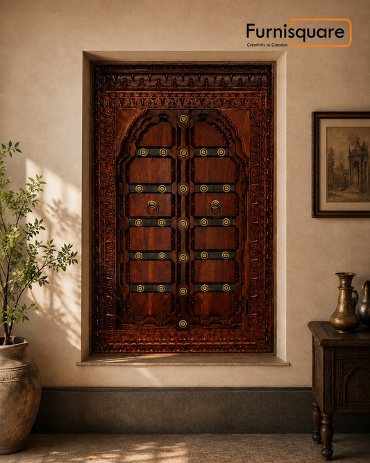Handcrafted Carved Wooden Double Door Window | Traditional Indian Design | Heavy Duty Solid Wood Door