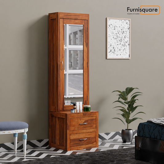Solid Sheesham Wood Dressing Table with Full Mirror & Storage Drawers