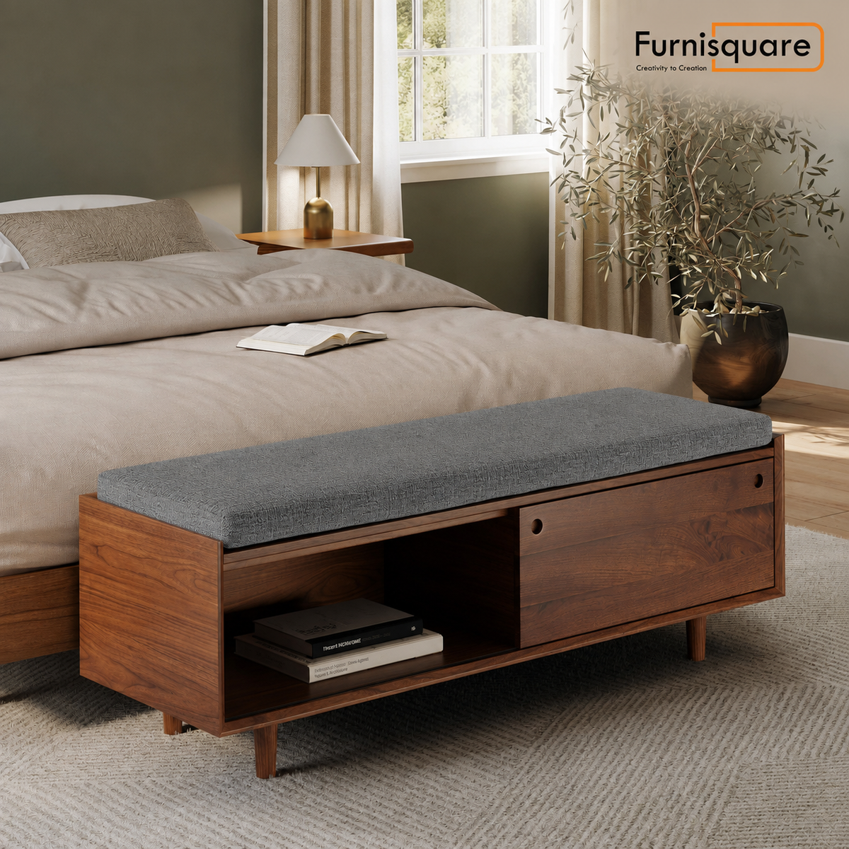Solid Wood Upholstered Storage Bench with Sliding Doors
