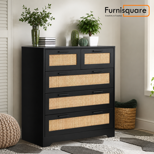 Solid Wood Chest of Drawer for Living Storage in Black Finish