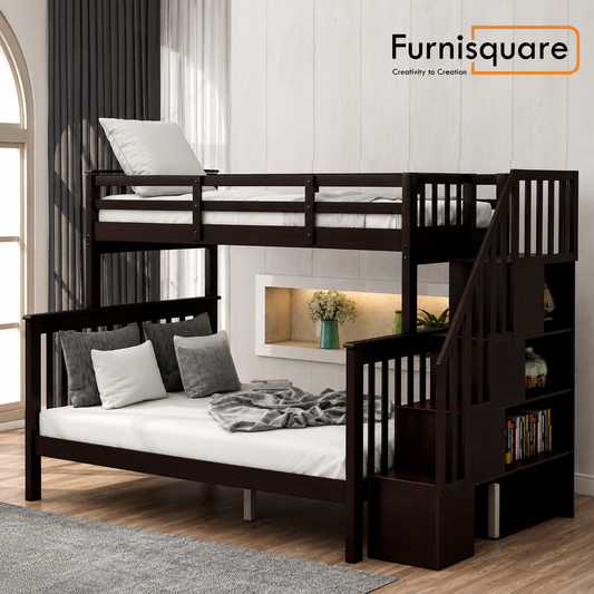 Solid Wood Bunk Bed with Stairs and Storage
