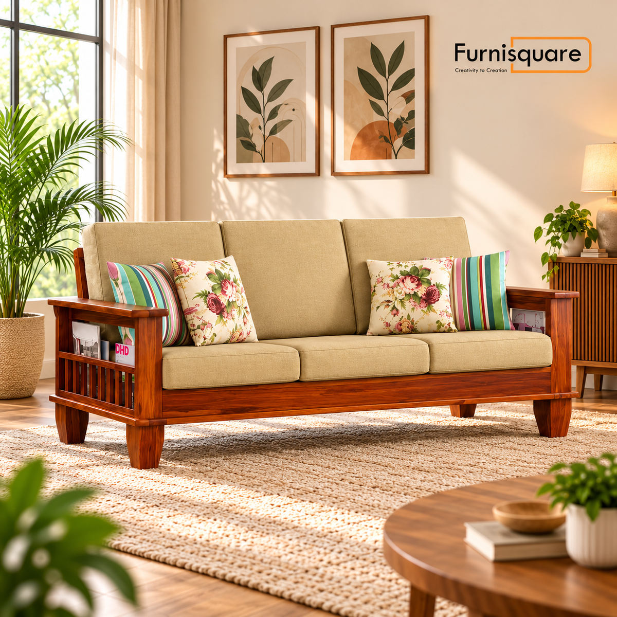 Wooden 3 Seater Sofa Set with Cushion for Living Room