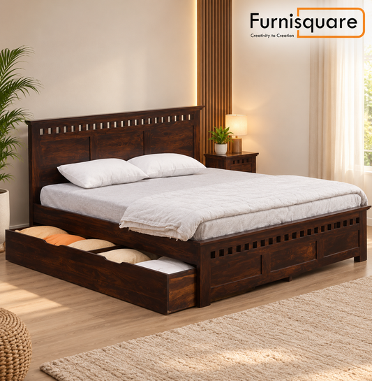 Sheesham Solid Wood King Size Kuber Bed with Drawer Trolley Storage for Beautiful Bedroom and House