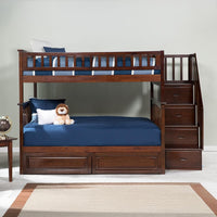 Wooden Twin Over Twin Bunk Bed with Stairs and Storage