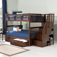 Wooden Twin Over Twin Bunk Bed with Stairs and Storage