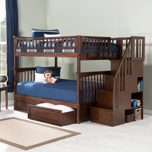 Wooden Twin Over Twin Bunk Bed with Stairs and Storage