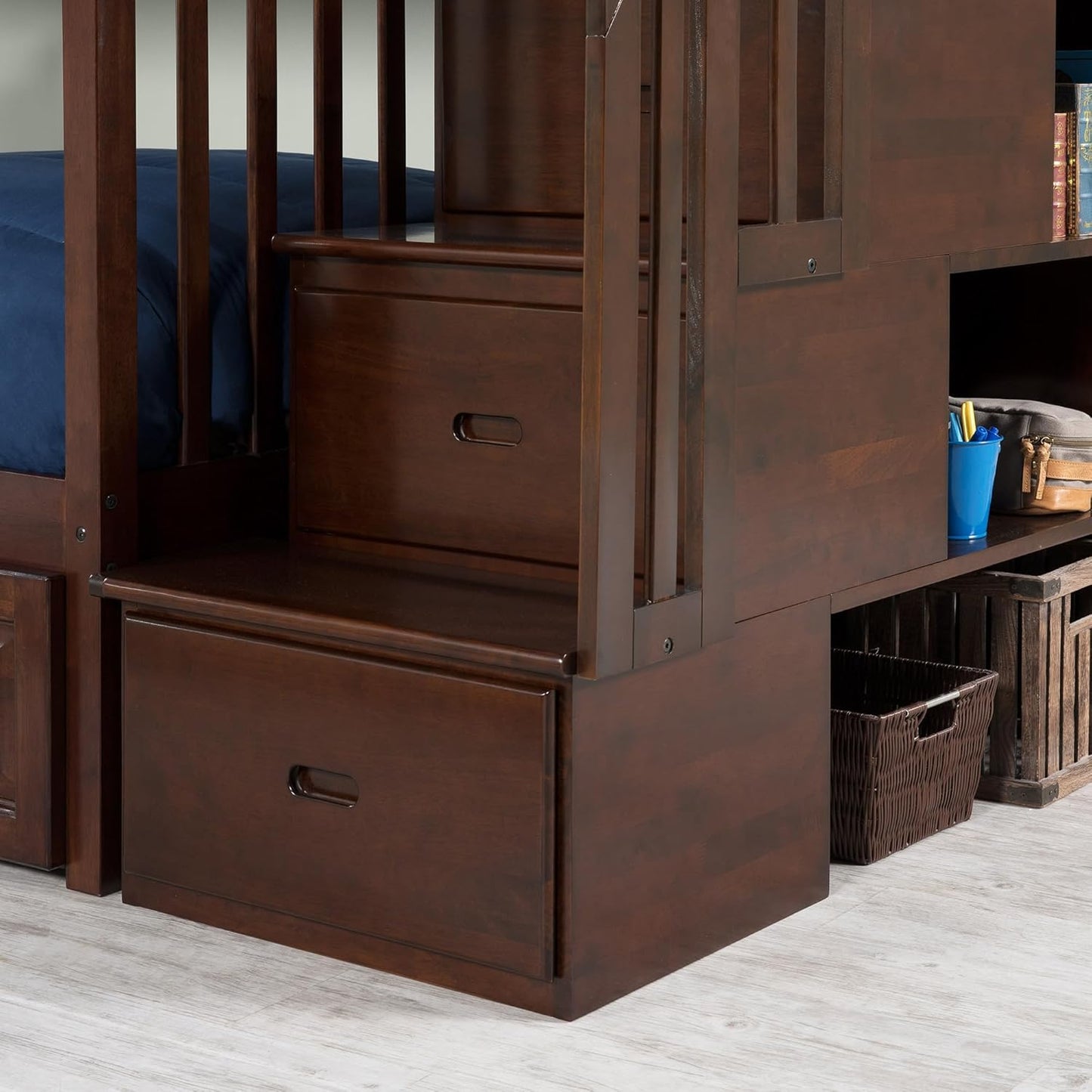 Wooden Twin Over Twin Bunk Bed with Stairs and Storage
