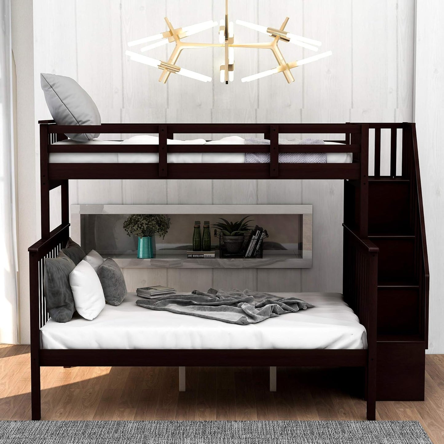 Solid Wood Bunk Bed with Stairs and Storage