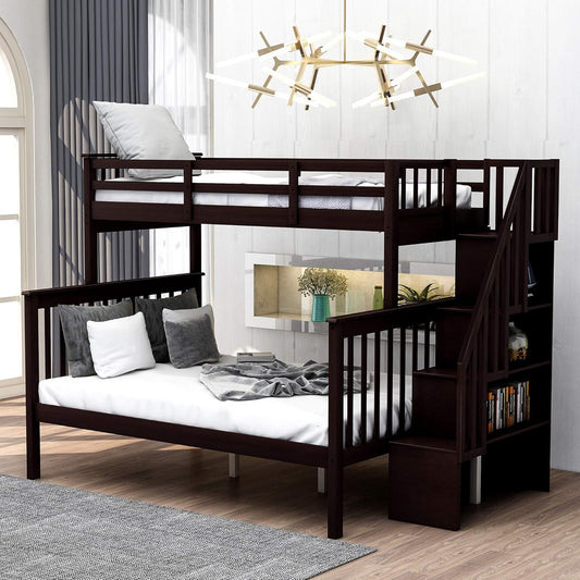 Solid Wood Bunk Bed with Stairs and Storage