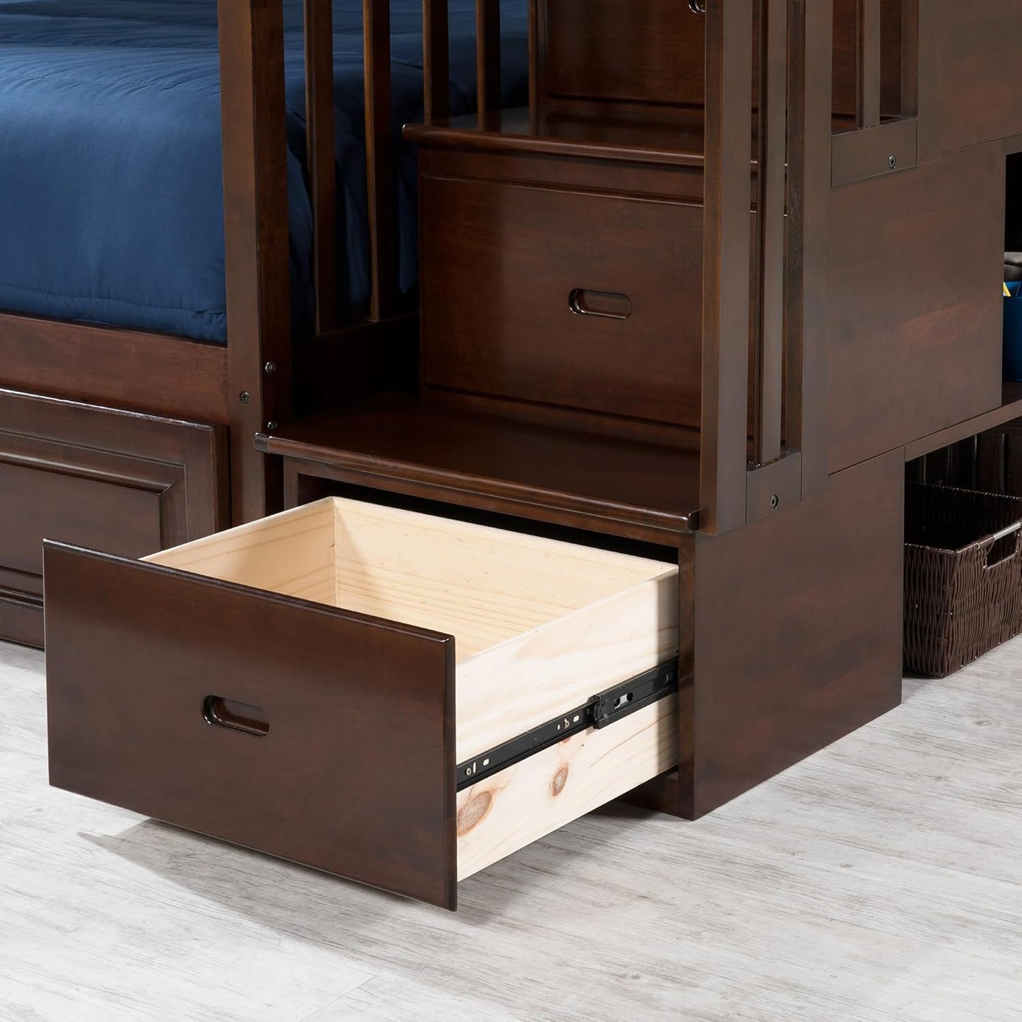 Wooden Twin Over Twin Bunk Bed with Stairs and Storage