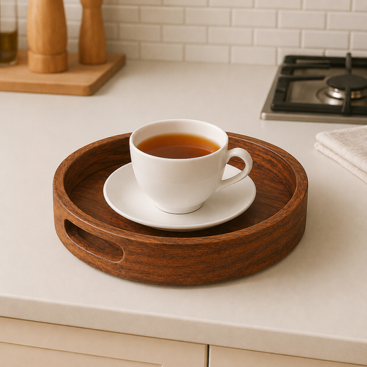 Wooden Round Serving Tray for Tea, Snacks & Coffee