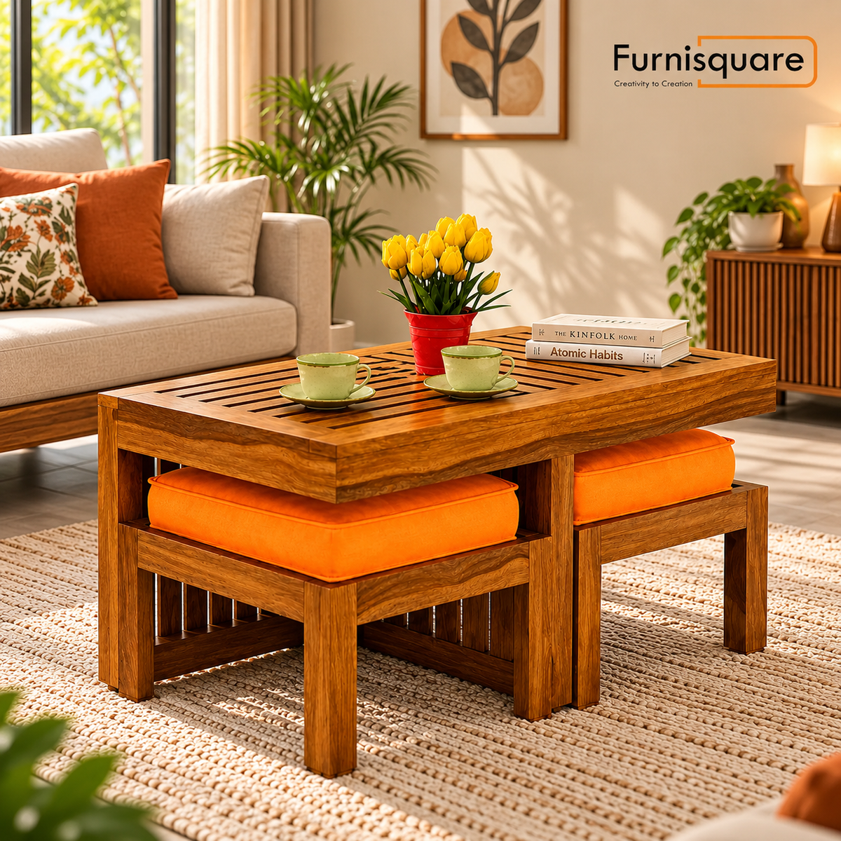 Sheesham Wood Coffee Table with 2 Stool for Living Room