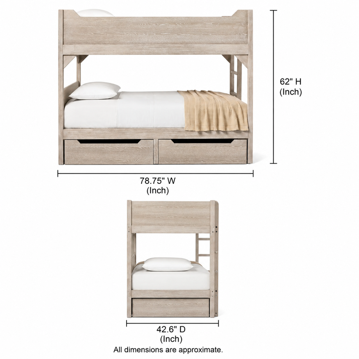 Wooden Bunk Bed with Storage Drawers in Rustic Teak Finish