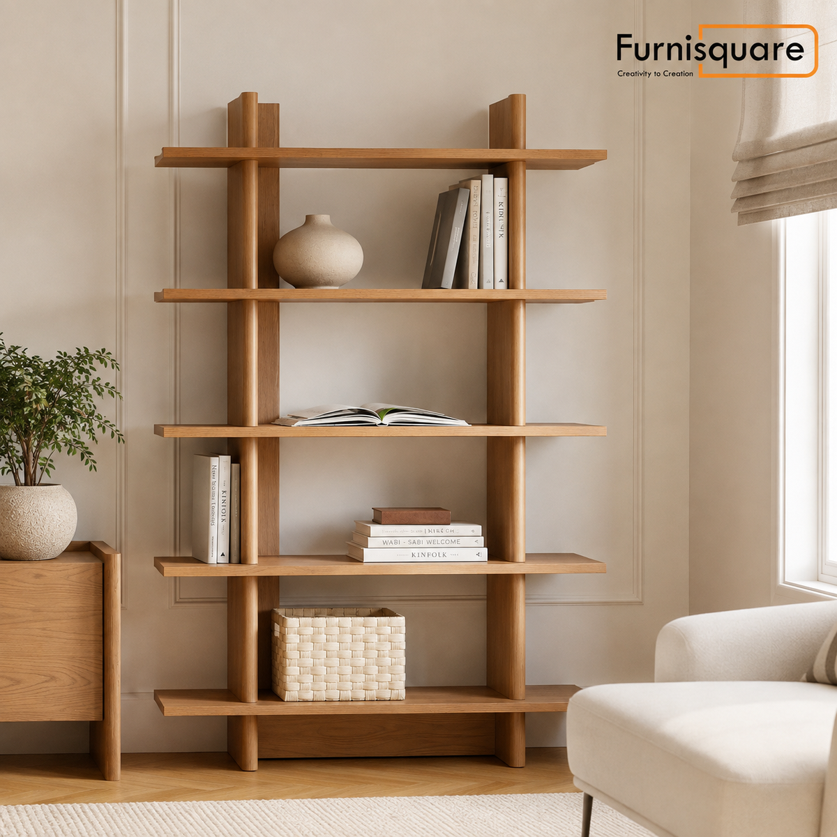 Wooden Bookshelf for Living Room in Natural Finish