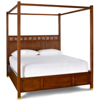 Wooden Poster Bed with Carved Wood Headboard for Bedroom
