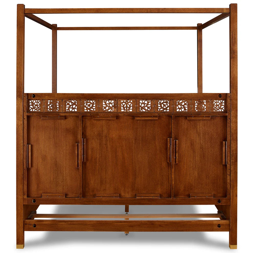 Wooden Poster Bed with Carved Wood Headboard for Bedroom