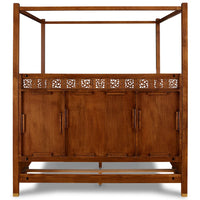Wooden Poster Bed with Carved Wood Headboard for Bedroom