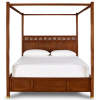 Wooden Poster Bed with Carved Wood Headboard for Bedroom