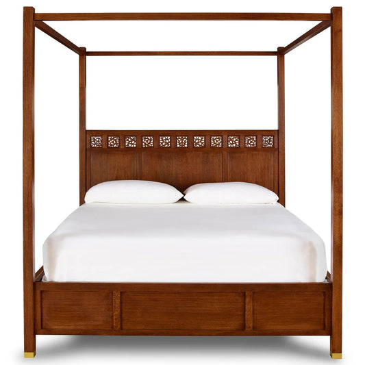 Wooden Poster Bed with Carved Wood Headboard for Bedroom