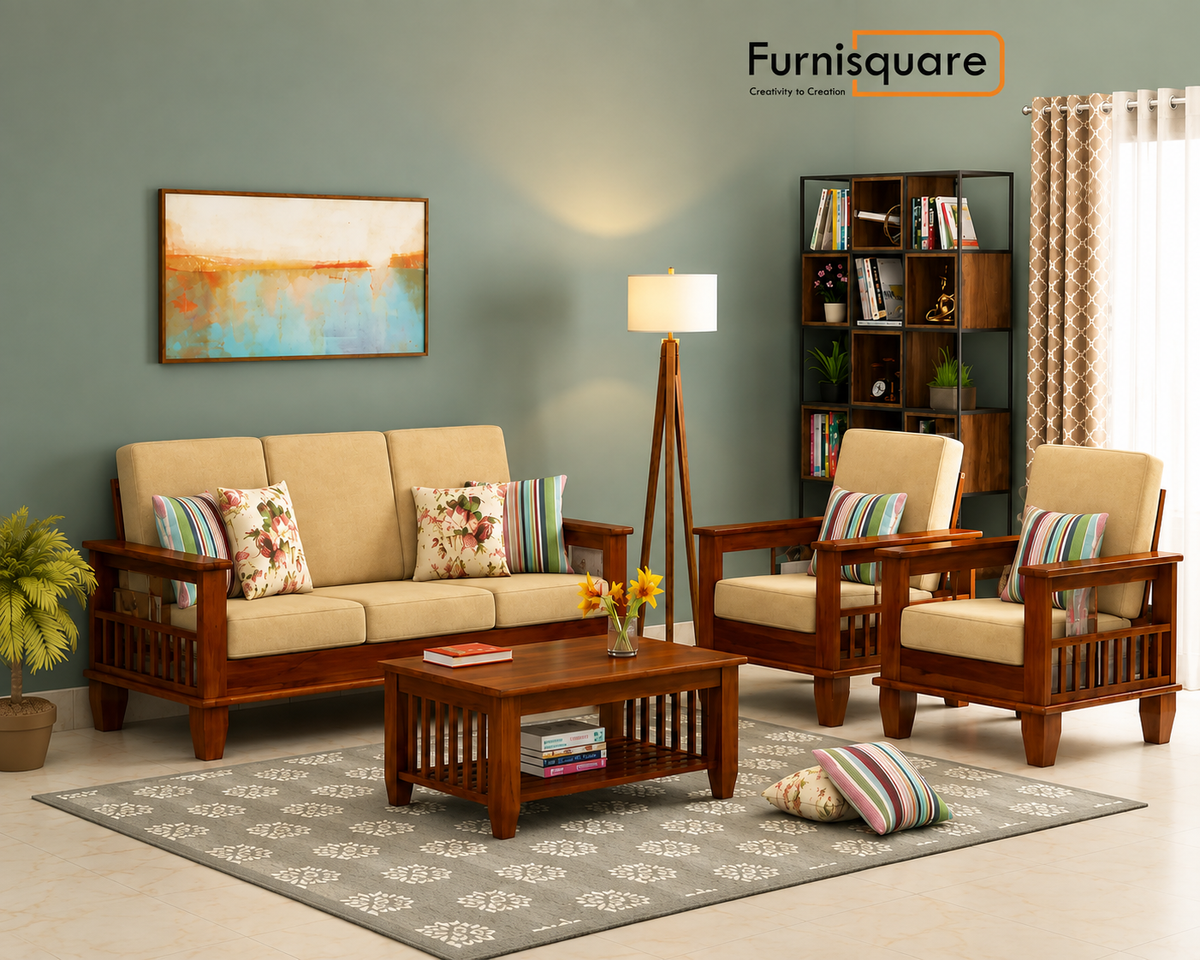 Wooden 5 Seater Sofa Set with Cushions for Living Room