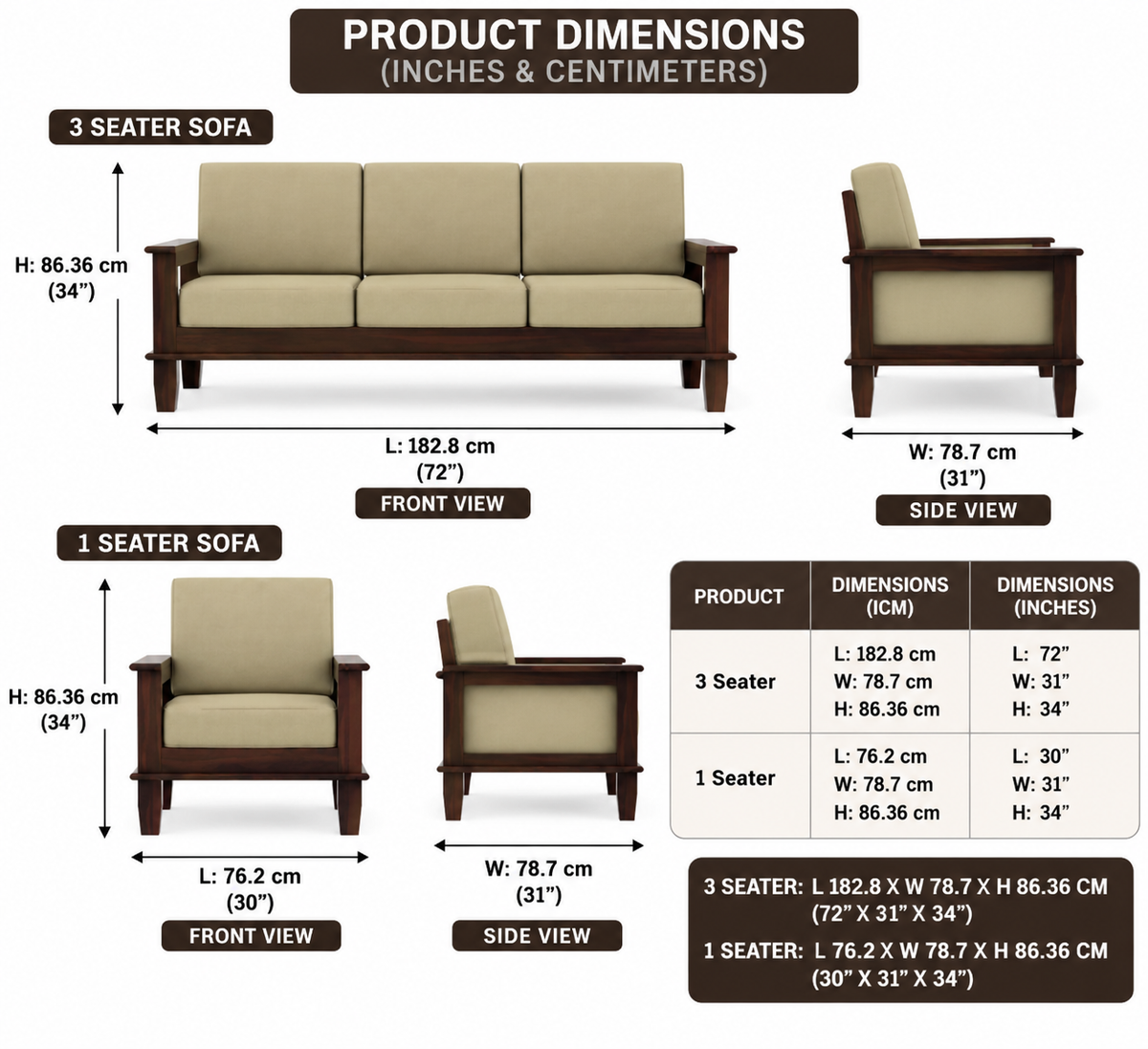 Solid Sheesham Wood 5 Seater Sofa Set with Cushions for Living Room