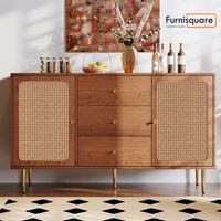 Solid Wood Rattan Sideboard Cabinet for Living Room in Walnut Finish