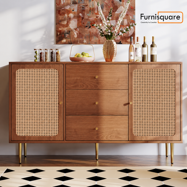 Solid Wood Rattan Sideboard Cabinet for Living Room in Walnut Finish