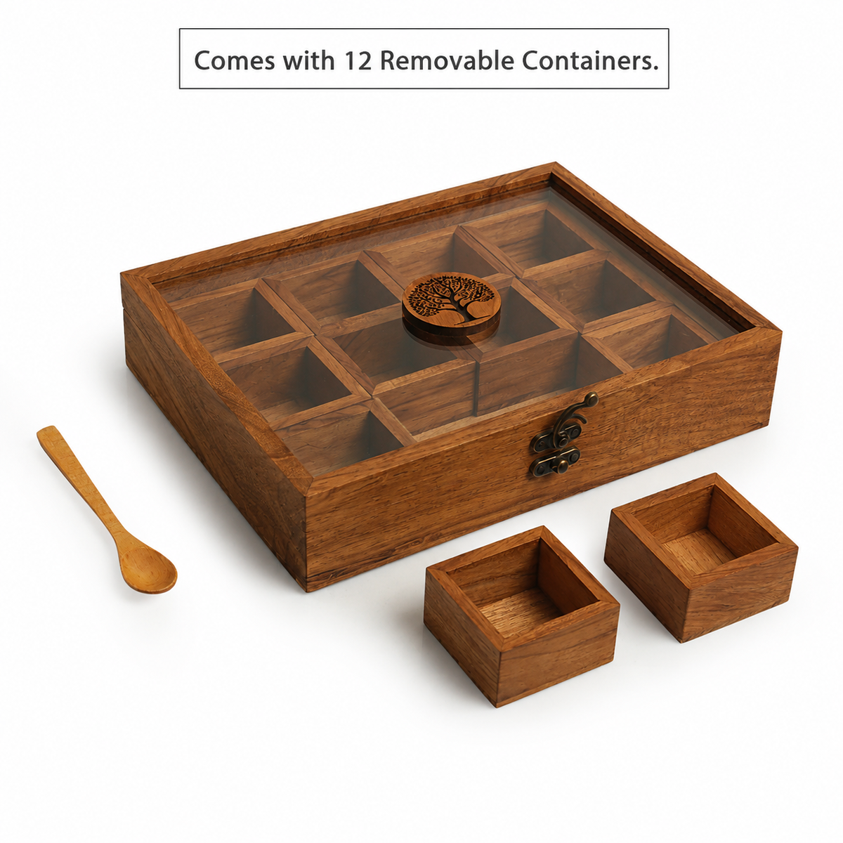 Solid Wood Spice Box with Spoon