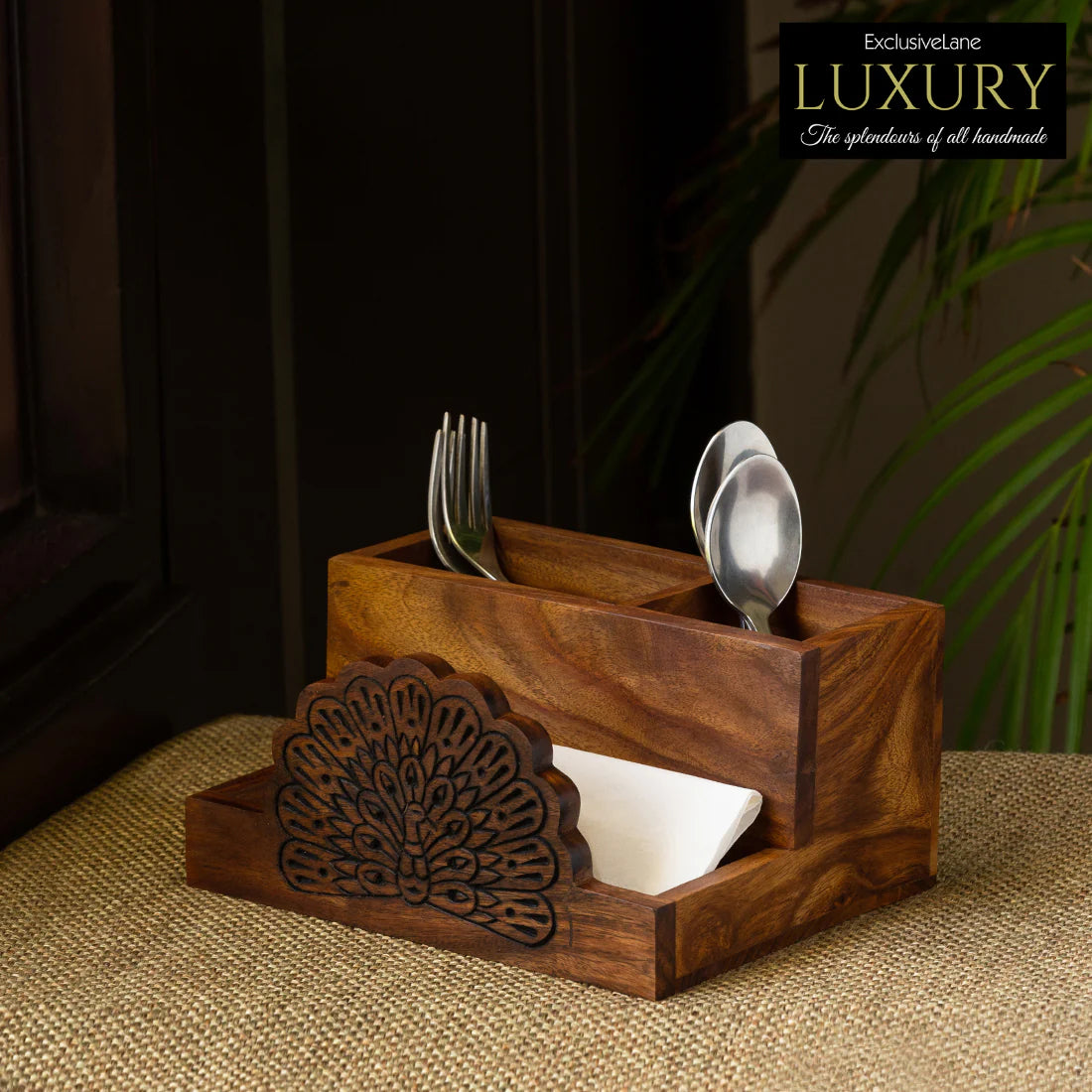 Wooden Hand Carved Cutlery & Stationery Holder