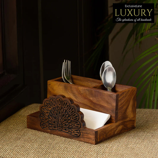 Wooden Hand Carved Cutlery & Stationery Holder