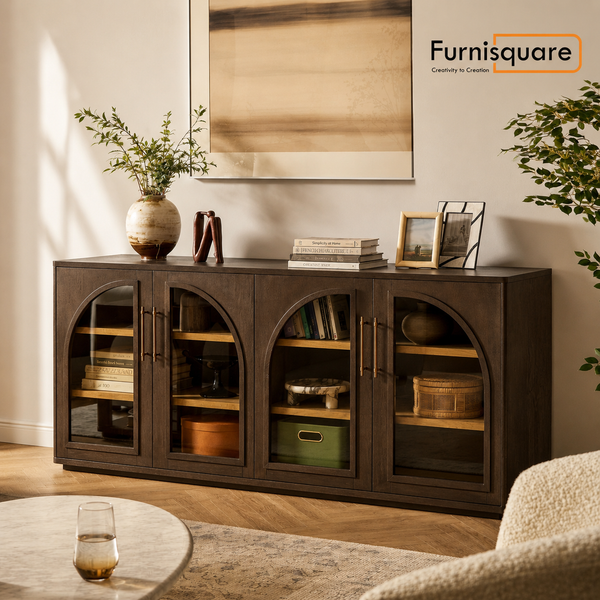 Wooden Glass Door Sideboard with Interior Shelving for Living Room
