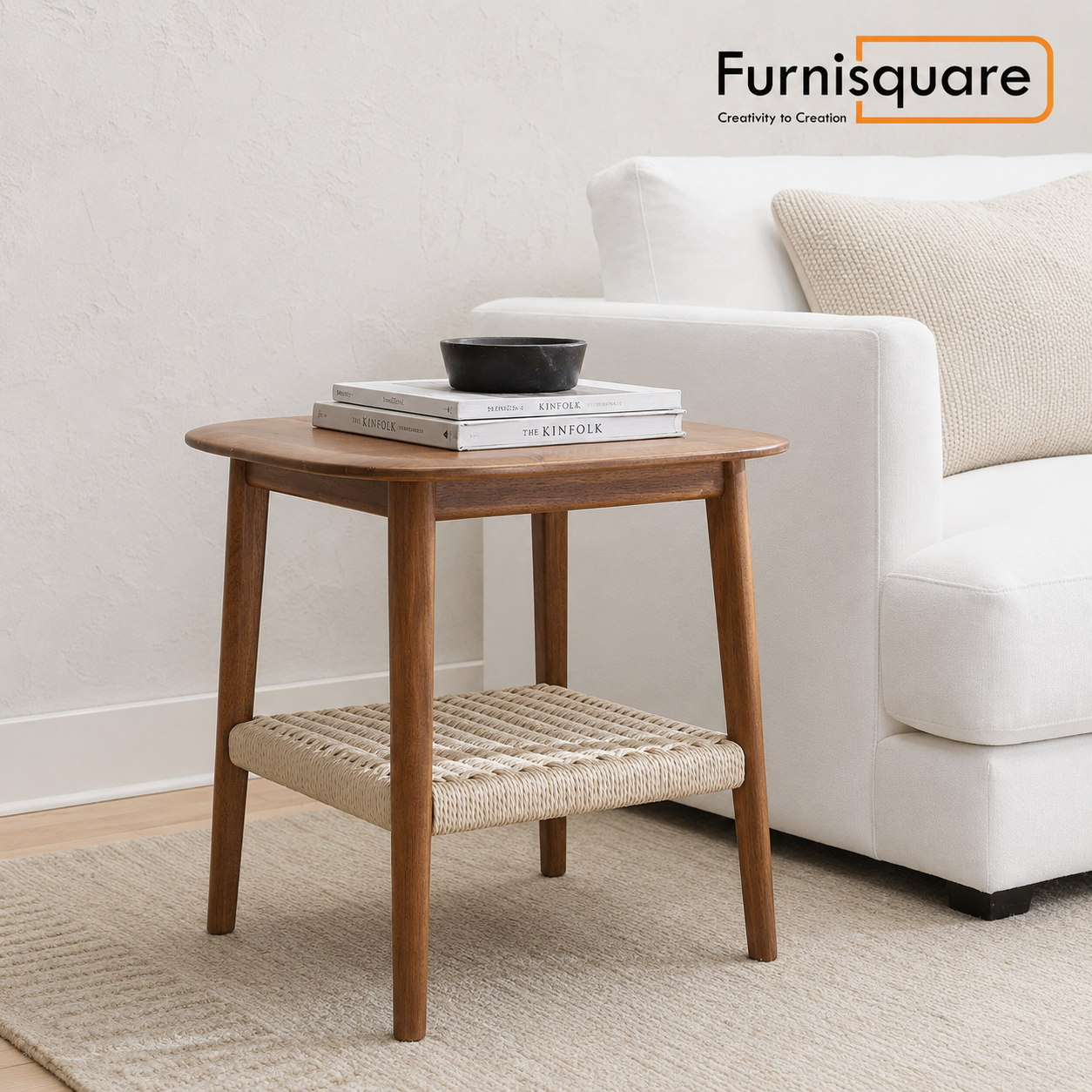 Solid Wood Side Table with Woven Shelf