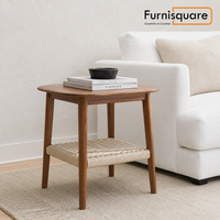 Solid Wood Side Table with Woven Shelf