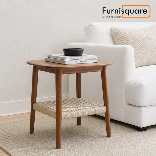 Solid Wood Side Table with Woven Shelf