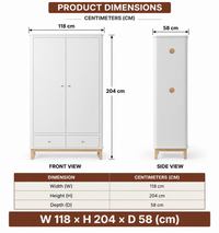 Solid Wood Wardrobe with Drawers for Bedroom in White Finish