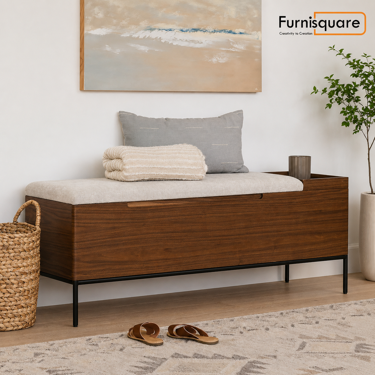 Wooden Storage Bench with Upholstered Seat