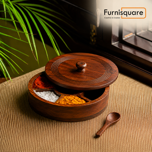 Sheesham Wood Hand Carved Spice Box with Spoon