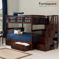 Wooden Twin Over Twin Bunk Bed with Stairs and Storage