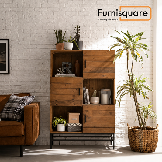 Wooden Chest of Drawer with Cabinet Storage for Living Room in Natural Finish