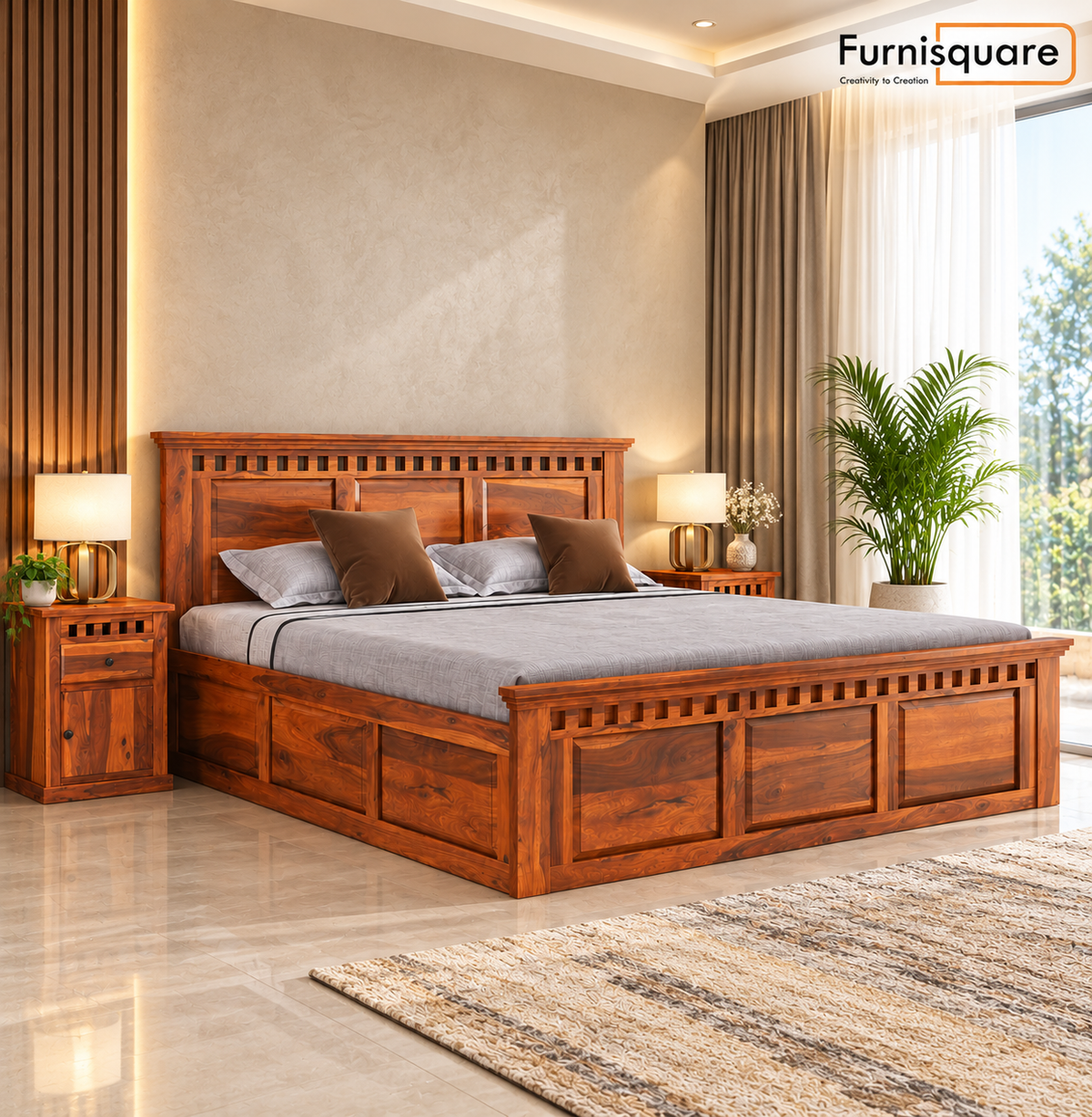 Solid Sheesham Wood King Size Bed with Storage Box