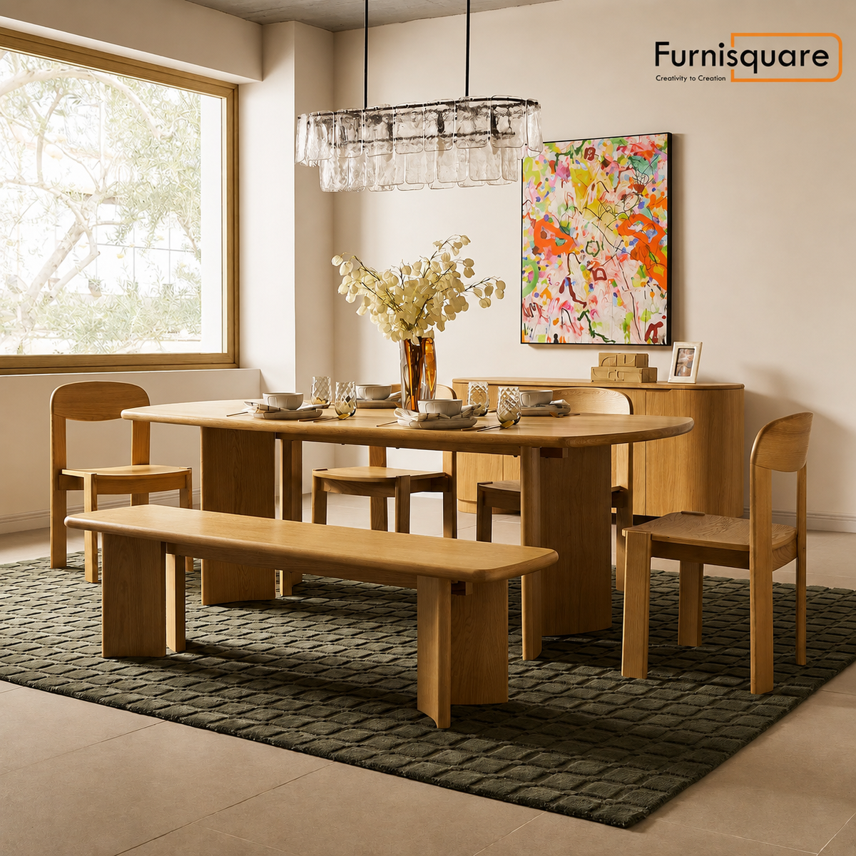 Solid Wood Dining Table 6 Seater with Bench for Dining Room
