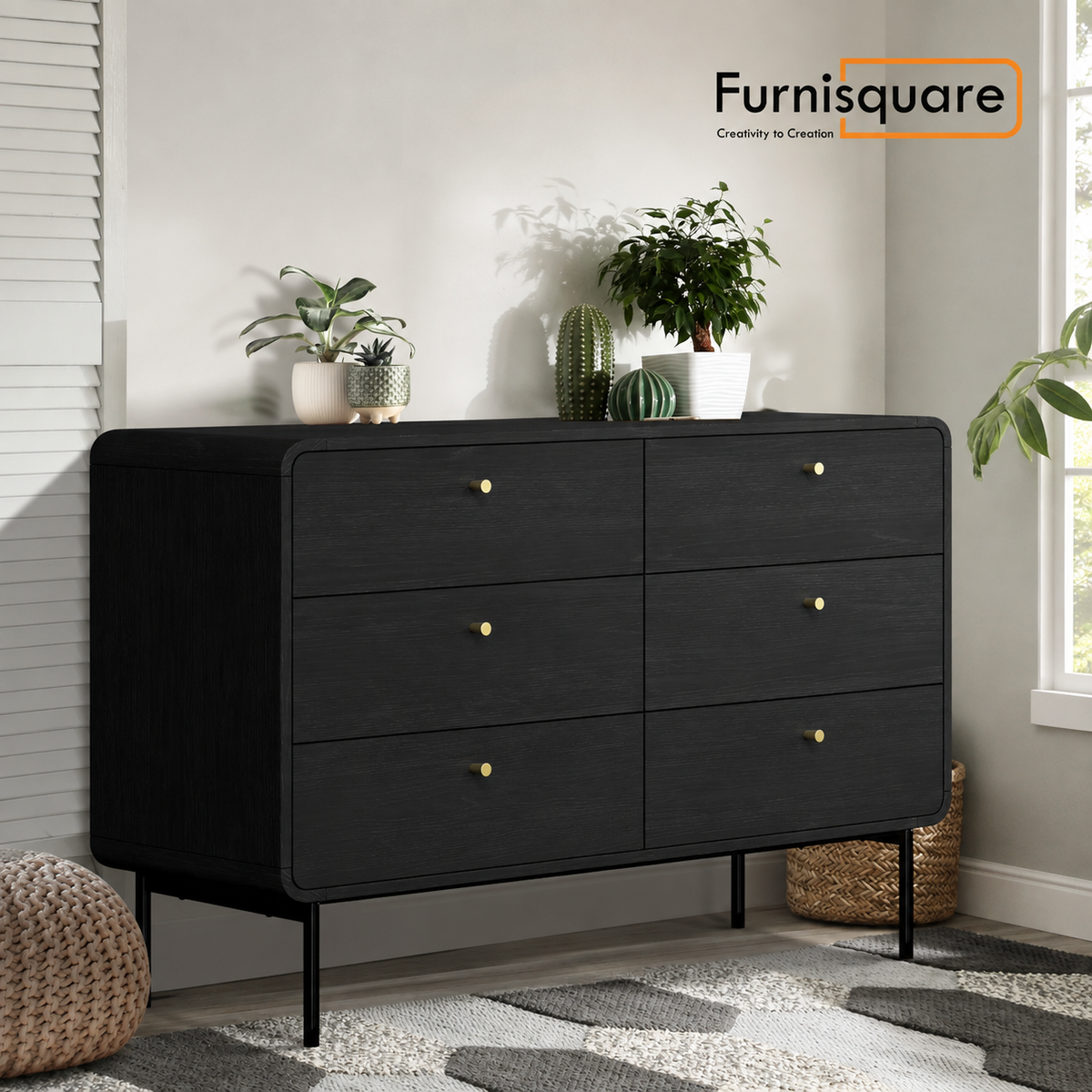 Solid Wood Chest of Drawer for Living Storage in Black Finish