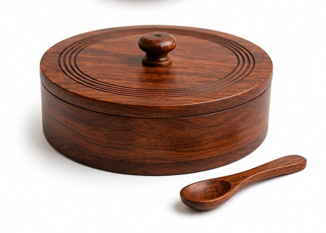 Sheesham Wood Hand Carved Spice Box with Spoon