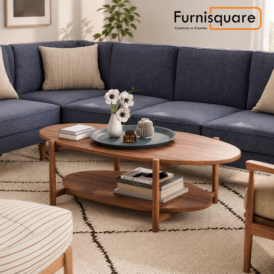 Wooden Coffee Table with Double Shelf in Walnut Finish
