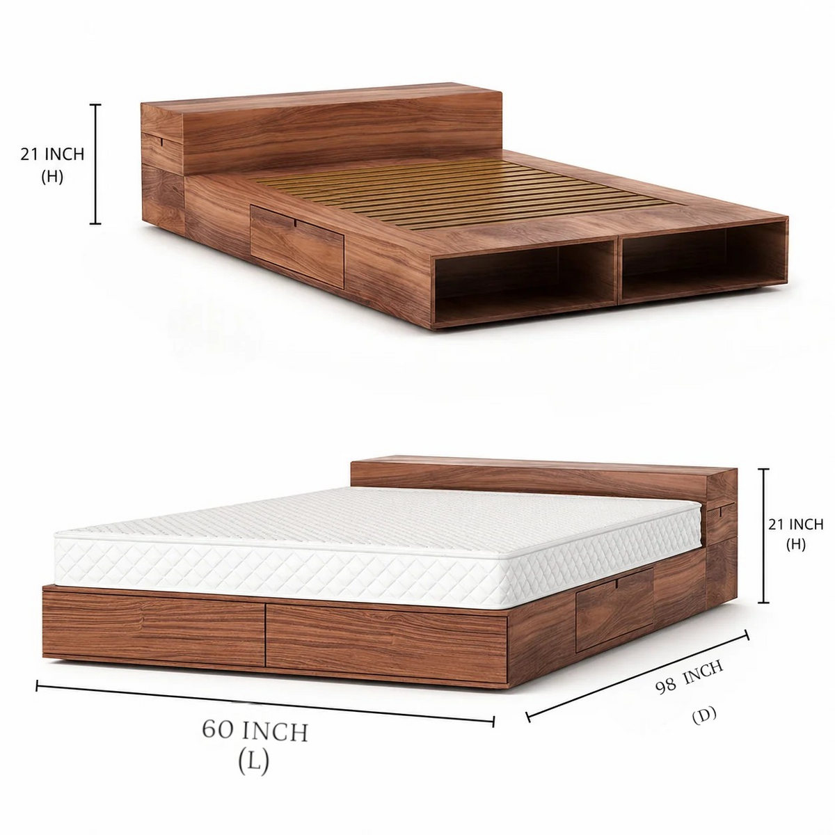 Solid Wood Queen Size Bed with Storage