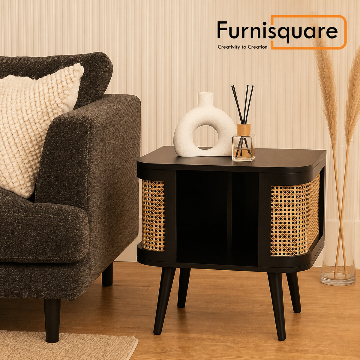 Solid Wood Side Table in Rattan Design