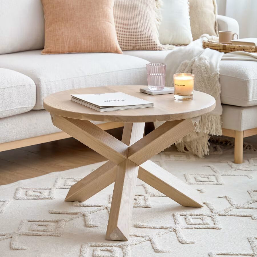 Wooden Round Coffee Table with Geometric Pedestal Base