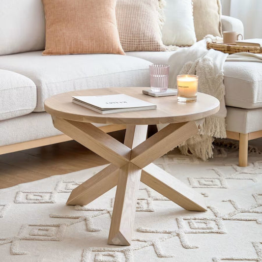 Wooden Round Coffee Table with Geometric Pedestal Base
